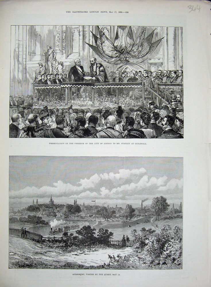 Original Old Antique Print 1890 Freedom City London Stanley Guildhall Aylesbury