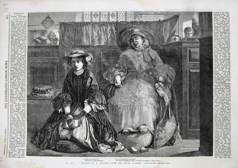 Original Old Antique Print 1858 Royal Acadmey Exhibition Lady Sleeping Girl
