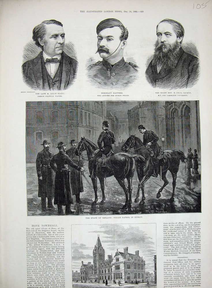 Original Old Antique Print 1882 Town Hall Brighton Ireland Police Dublin Baikes