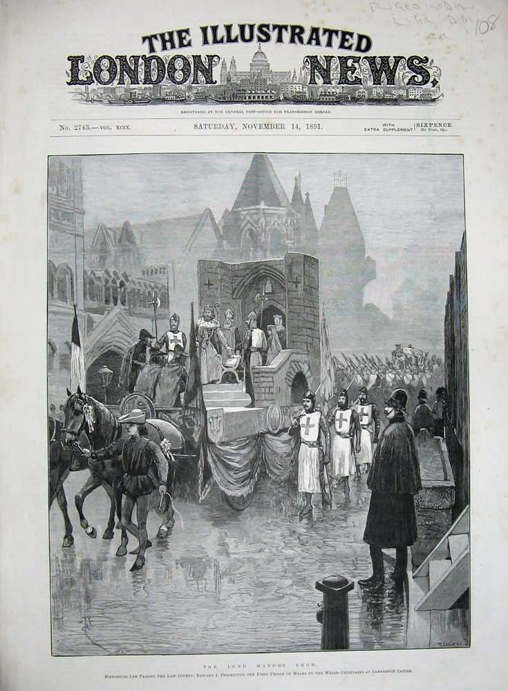 Original Old Antique Print Lord Mayor Law Courts 1891 Carnarvon Castle Prince