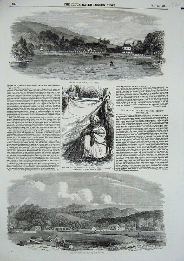 Old Antique Print 1855 New Zealand Kawan Hutt River Bridge Horta-Tanewa 19th