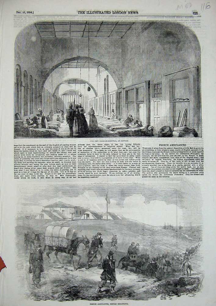 Old Antique Print 1854 French Ambulances Barrack Hospital Scutari Wards 19th