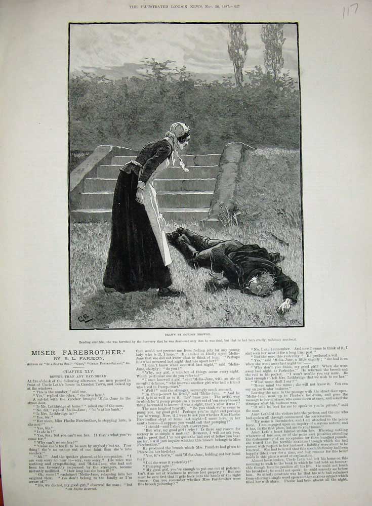 Old Antique Print 1887 Woman Lady Murdered Dead Man Steps Gordon Browne 19th