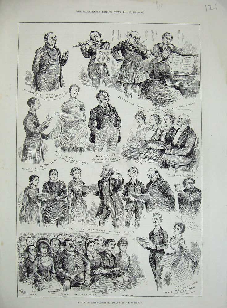 Original Old Antique Print 1884 Village Entertainment Music Choir Violin Piano