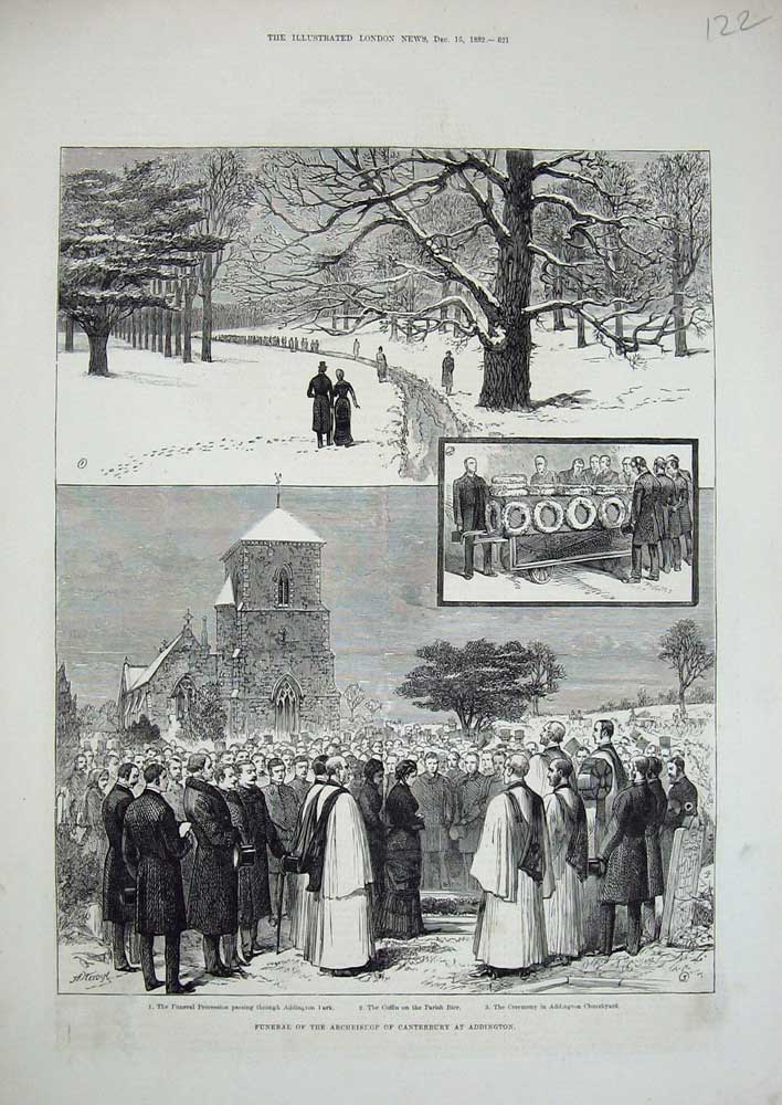 Old Antique Print 1882 Funeral Archbishop Canterbury Addington Churchyard 19th