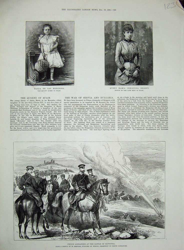 Old Antique Print 1885Prince Alexander Battle Slivnitza Queen Spain Maria 19th
