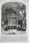 Original Old Antique Print 1856 Christmas Dole Gate Buildings Trees Snow People