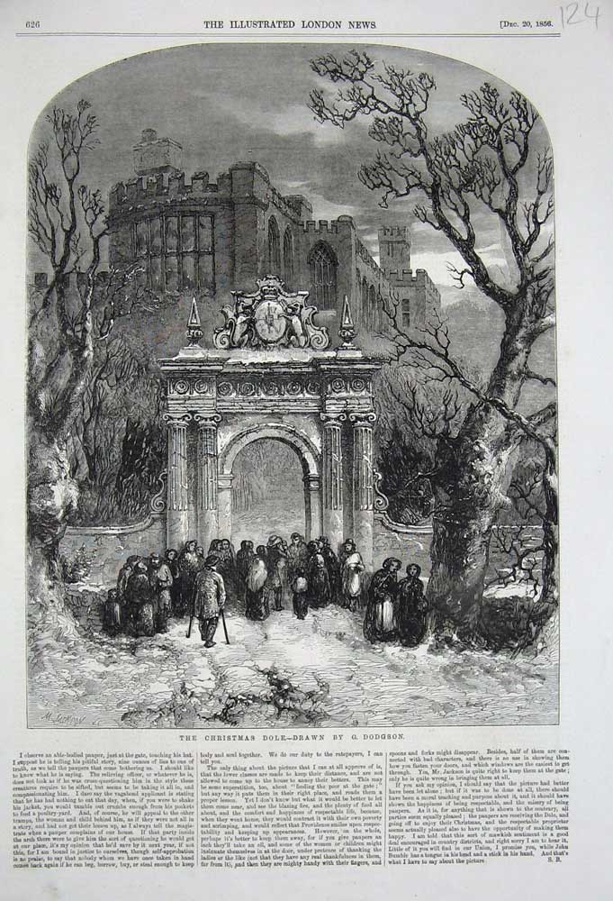 Original Old Antique Print 1856 Christmas Dole Gate Buildings Trees Snow People