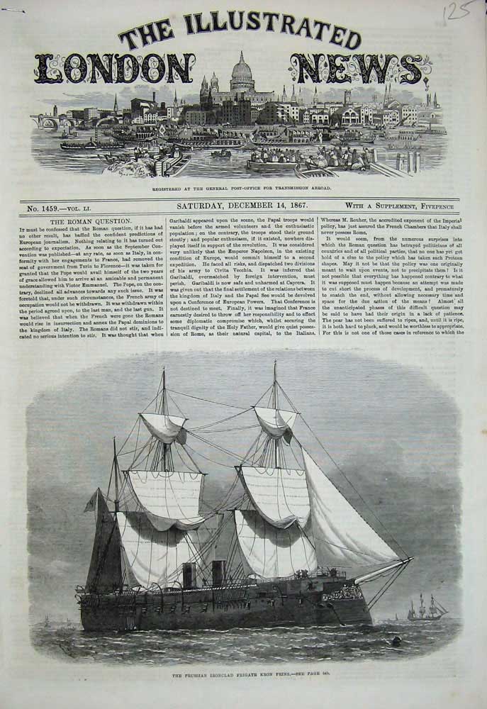 Old Antique Print Prussian Ironclad Frigate Kron Prinz Ship 1867 War Sea 19th