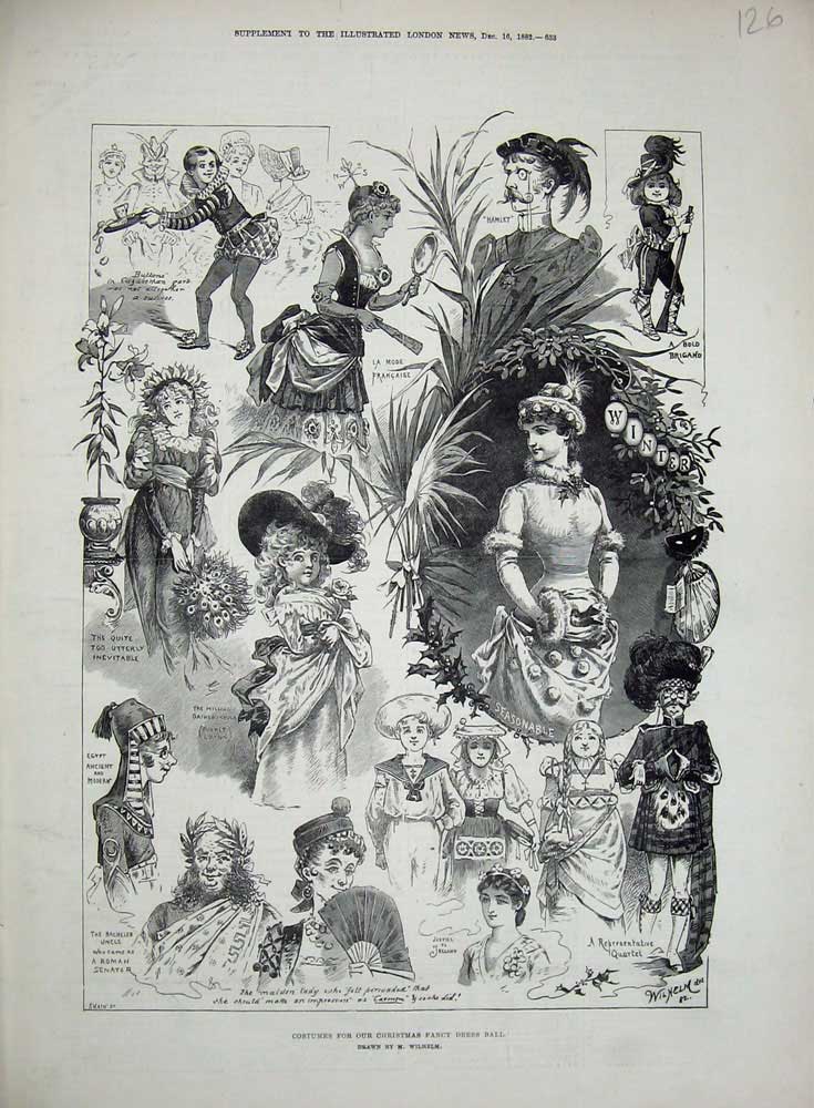 Original Old Antique Print 1882 Costumes Christmas Fancy Dress Ball Children