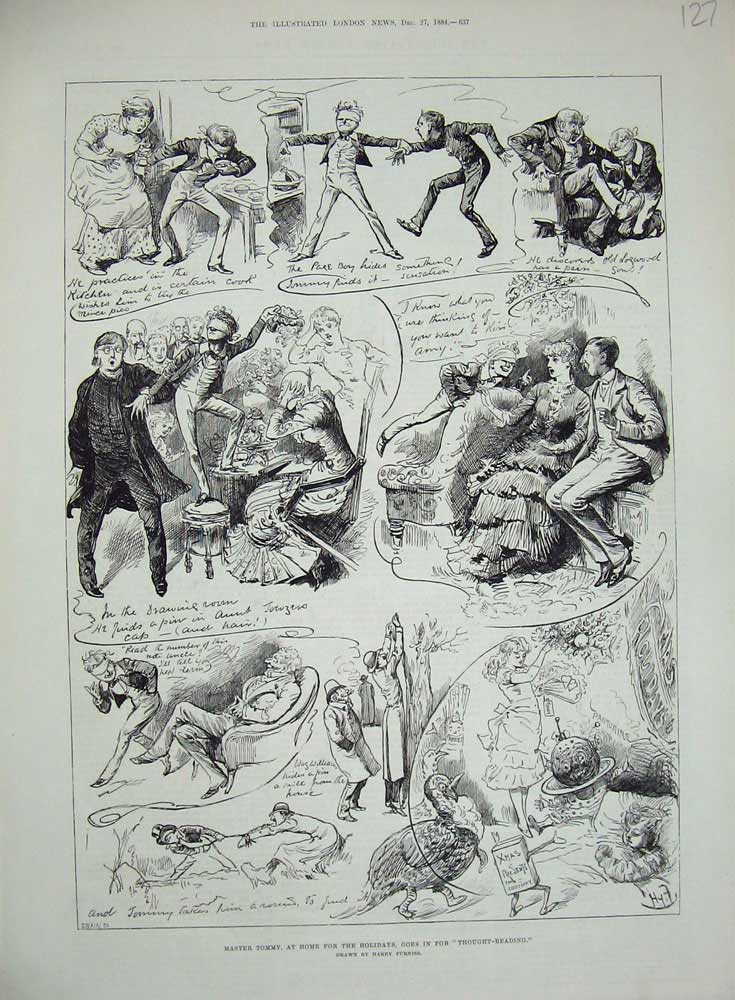 Original Old Antique Print 1884 Master Tommy Christmas Holidays Games Family