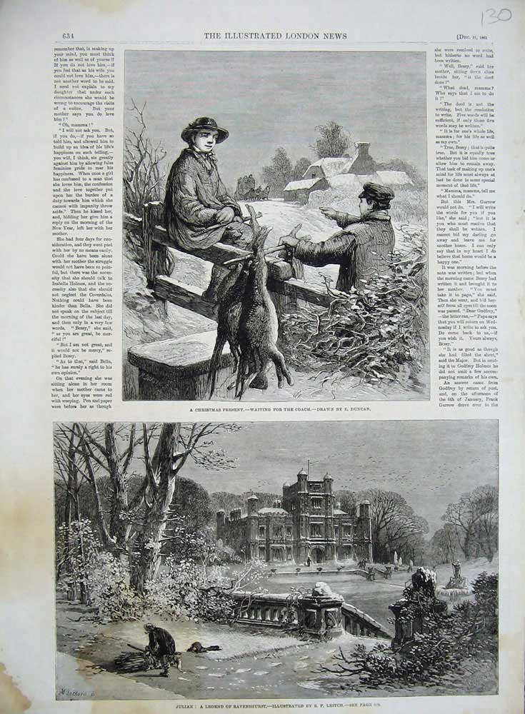 Old Antique Print 1861 Rabbit Hunting Snow Julian Ravenshurst House Art 19th