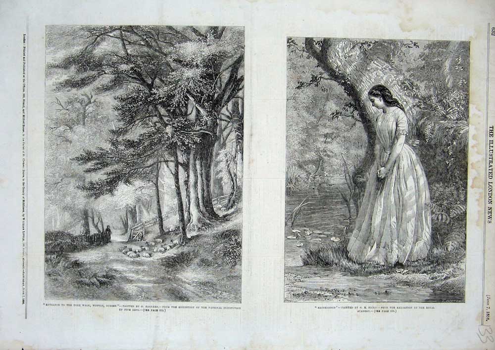 Original Old Antique Print 1856 Fore Walk Wotton Surrey Beautiful Lady Country