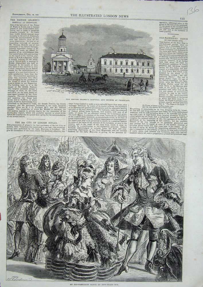Original Old Antique Print 1866 British Seamans Hospital Church Cronstadt Dance