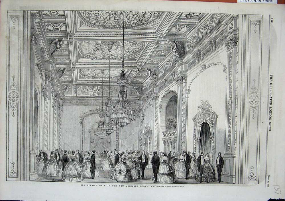 Old Antique Print 1859 Opening Ball New Assembly Rooms Manchester England 19th