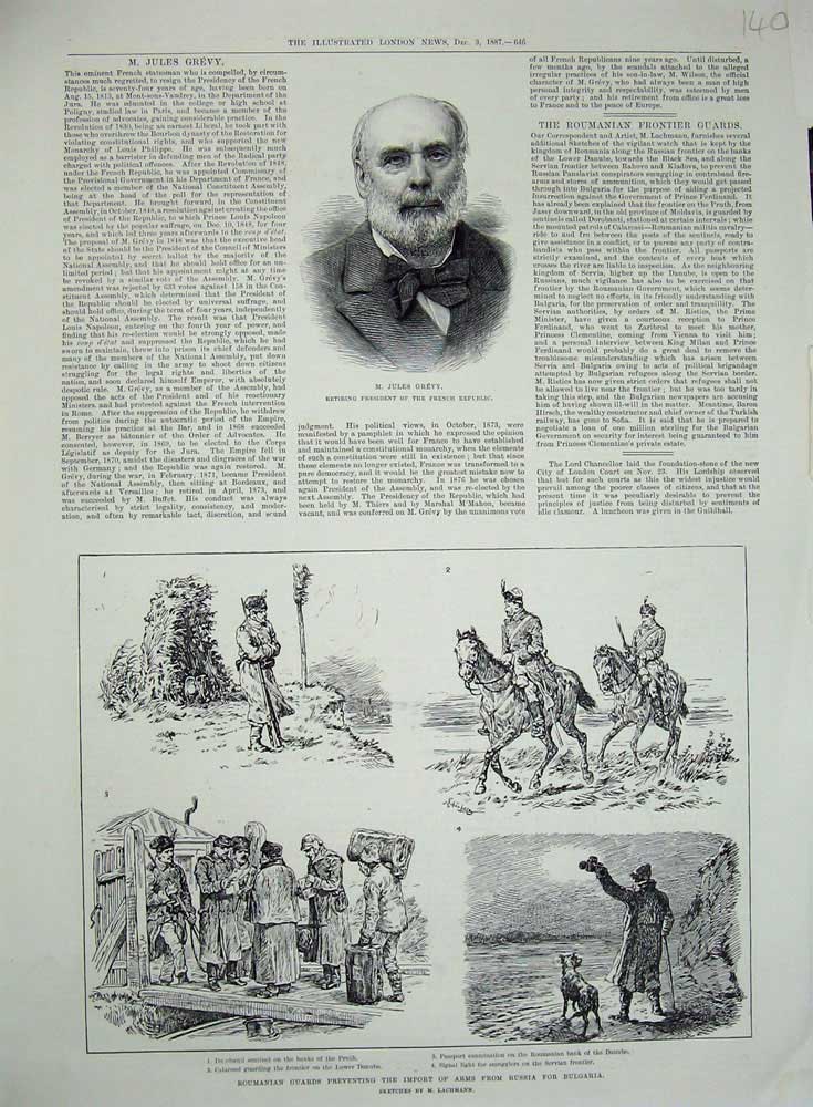 Old Antique Print 1887 Jules Grevy Roumanian Guards Pruth Danube Servian 19th