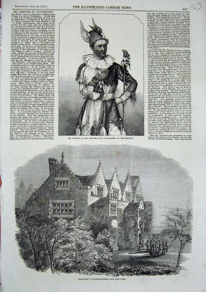 Old Antique Print 1857 Clemening Staffordshire Compton Haymarket Theatre 19th