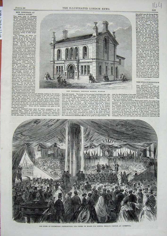 Original Old Antique Print 1866 Duke Edinburgh School Conway Liverpool Suffolk
