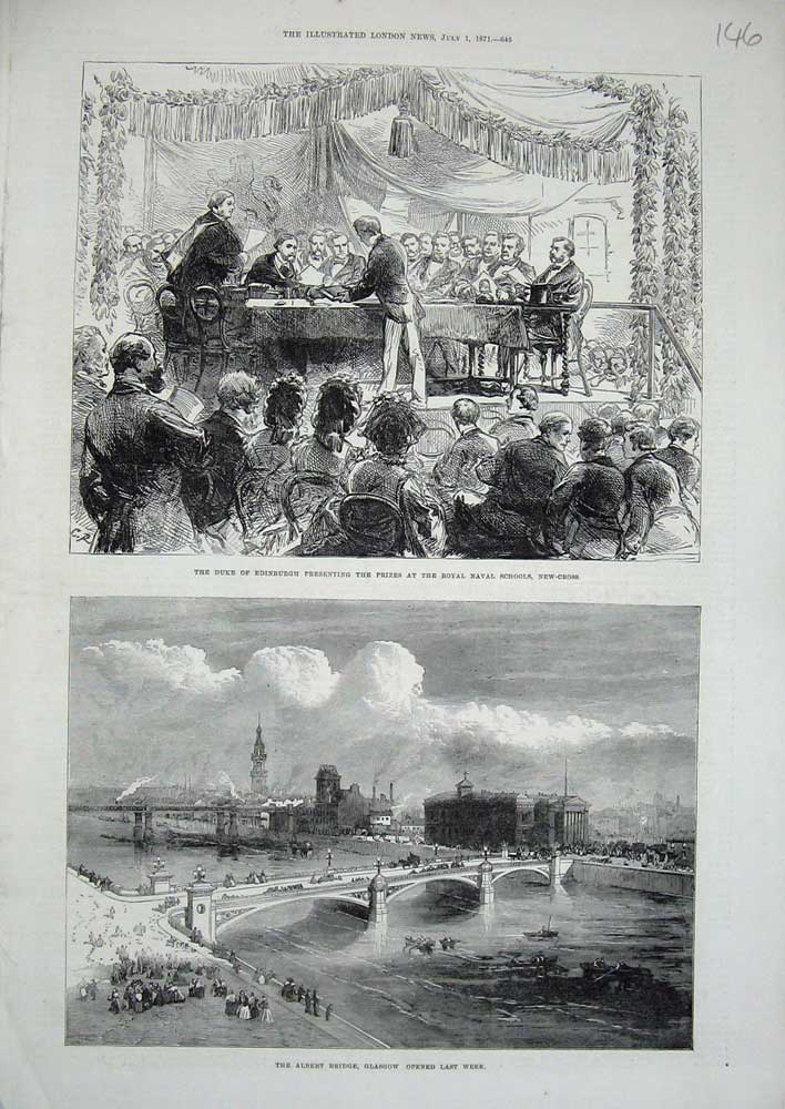 Old Antique Print 1871 Albert Bridge Glasgow Duke Edinburgh Navy Schools 19th