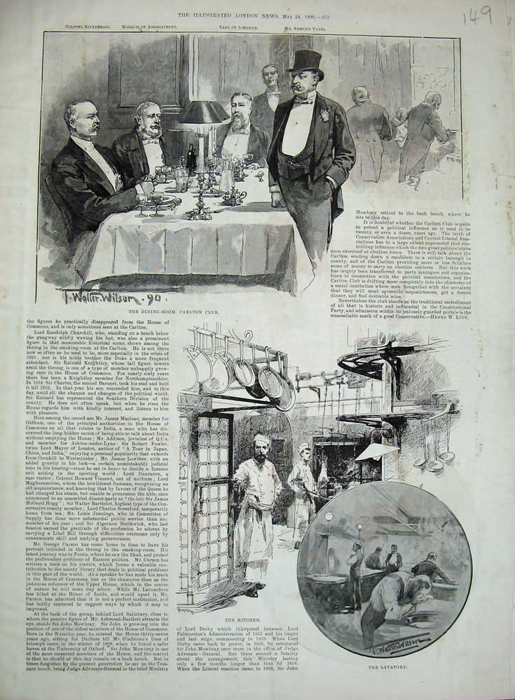 Old Antique Print 1890 Dining Room Carlton Club Kitchen Lavatory Limerick 19th