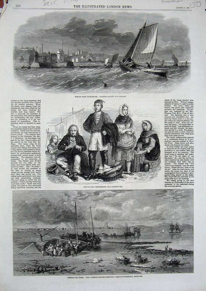 Old Antique Print 1862 Newhaven Pier Fishing Boats Dysart Fishwives Fish 19th