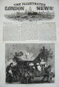 Original Old Antique Print 1857 London Ice Carts Horses Winter Children Dog Men