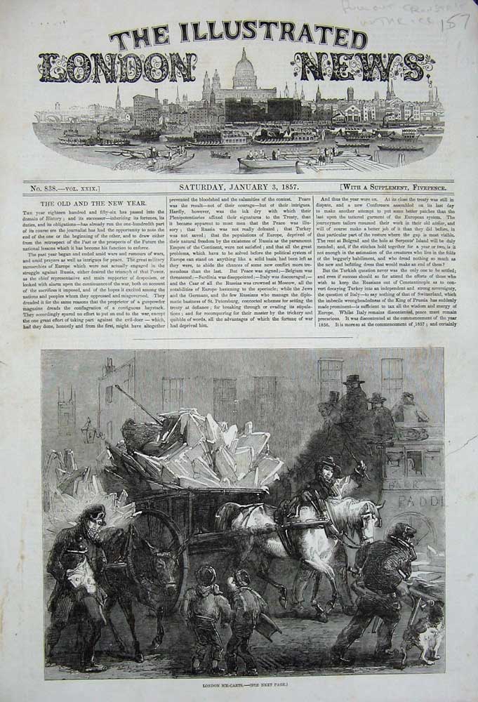 Original Old Antique Print 1857 London Ice Carts Horses Winter Children Dog Men