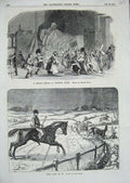 Old Antique Print Man Hunting Horses Snow Winter 1854 Little Girl Bed Toy 19th