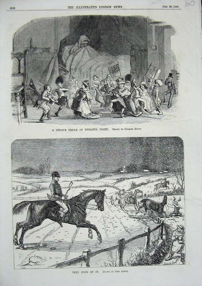 Old Antique Print Man Hunting Horses Snow Winter 1854 Little Girl Bed Toy 19th