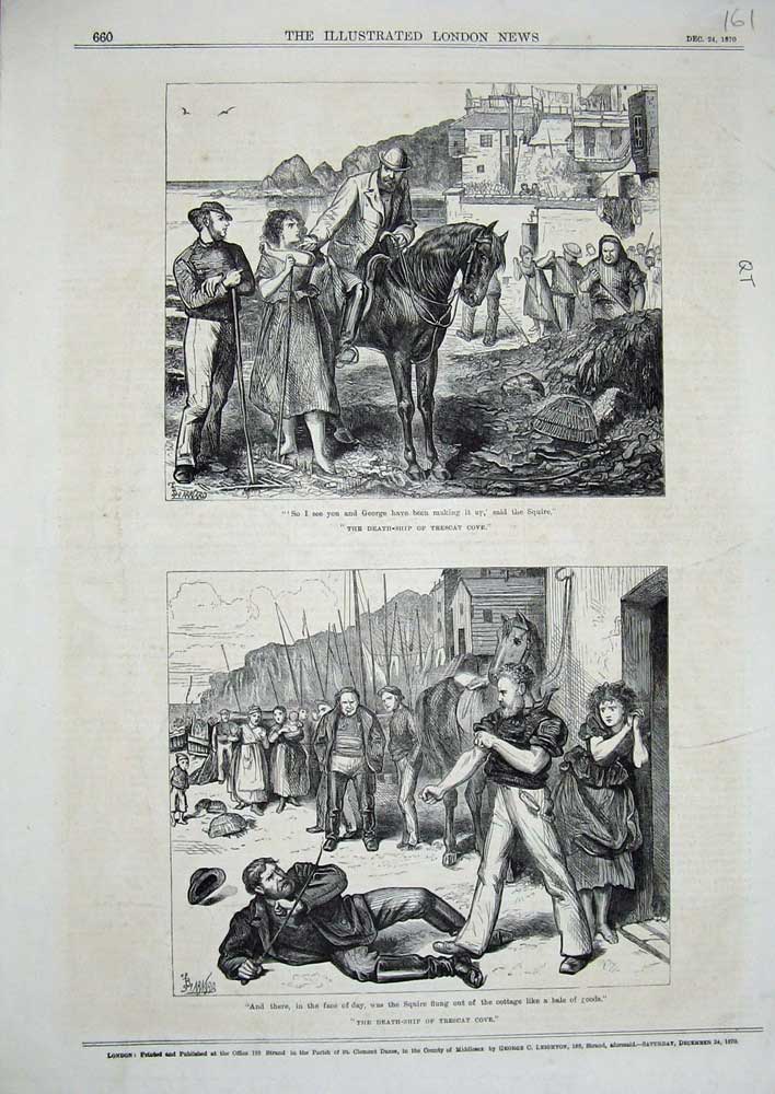 Original Old Antique Print 1870 Death Ship Trescat Cove Men Fighting Horse 19th