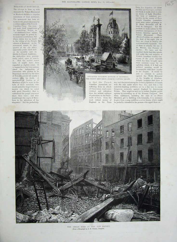 Original Old Antique Print 1893 Great Fire Bailey Nelson Monument Montreal 19th