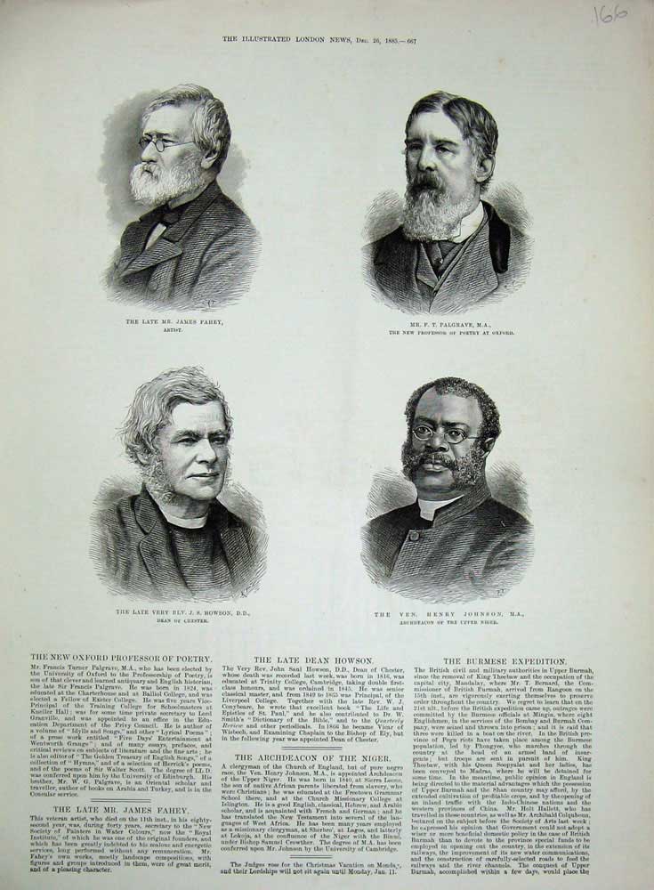 Original Old Antique Print 1885 Artist James Fahey Palgrave Howson Dean Johnson