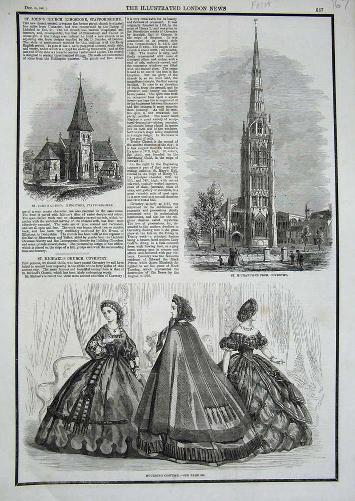 Original Old Antique Print 1861 Michael'S Church Coventry Staffordshire Fashion