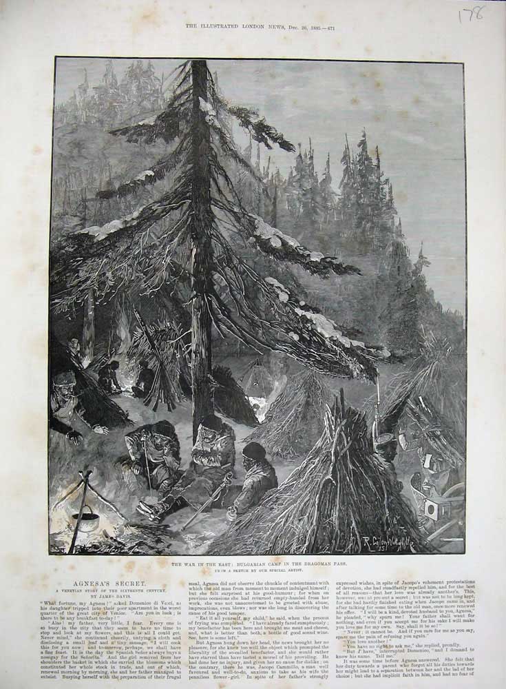 Original Old Antique Print 1885 War East Bulgarian Camp Dragoman Pass Woodville