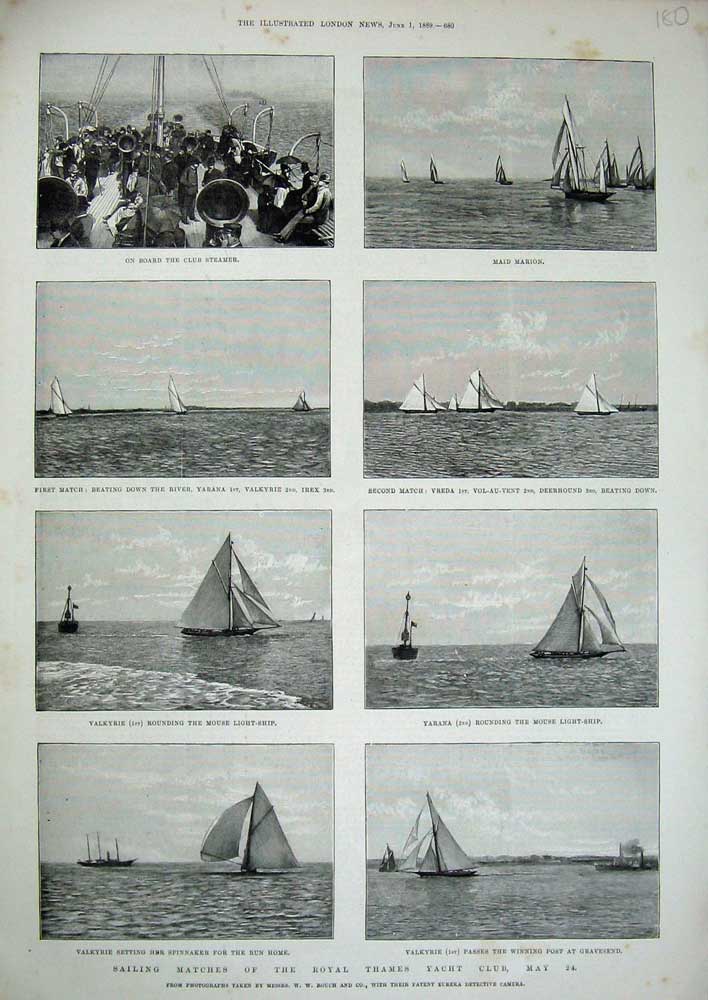 Old Antique Print 1889 Sailing Royal Thames Yacht Club Marion Vreda Ship 19th
