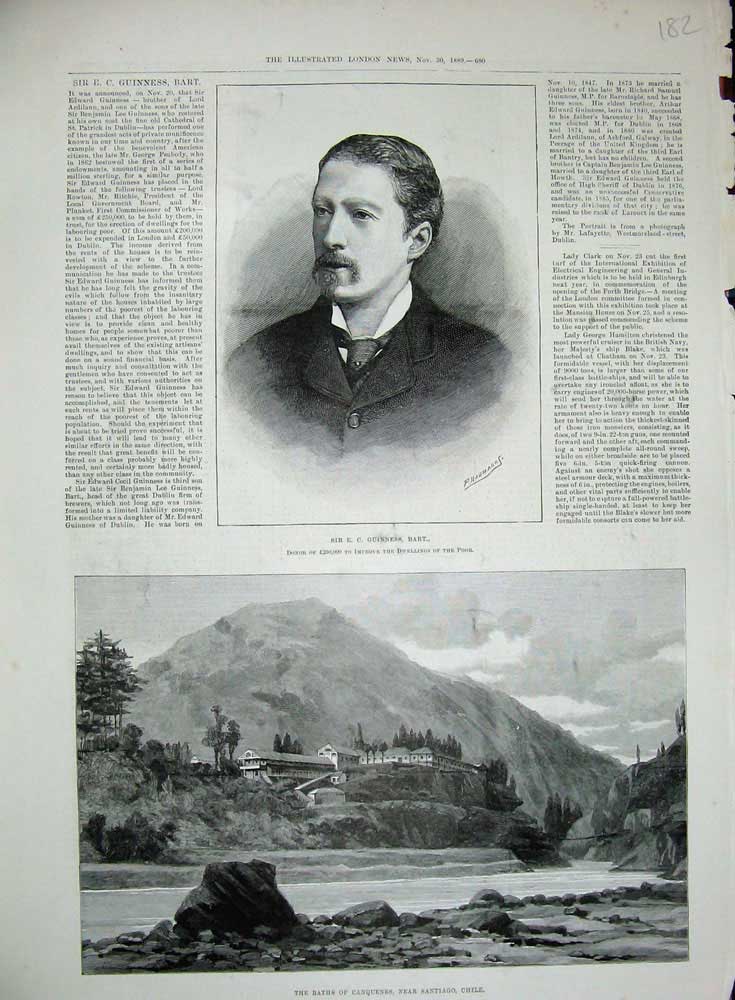 Old Antique Print 1889 Baths Canquenes Santiago Chile Sir Guinness Bart 19th