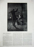 Original Old Antique Print 1887 Fine Art Gordon Browne Woman Begging Man Lamp