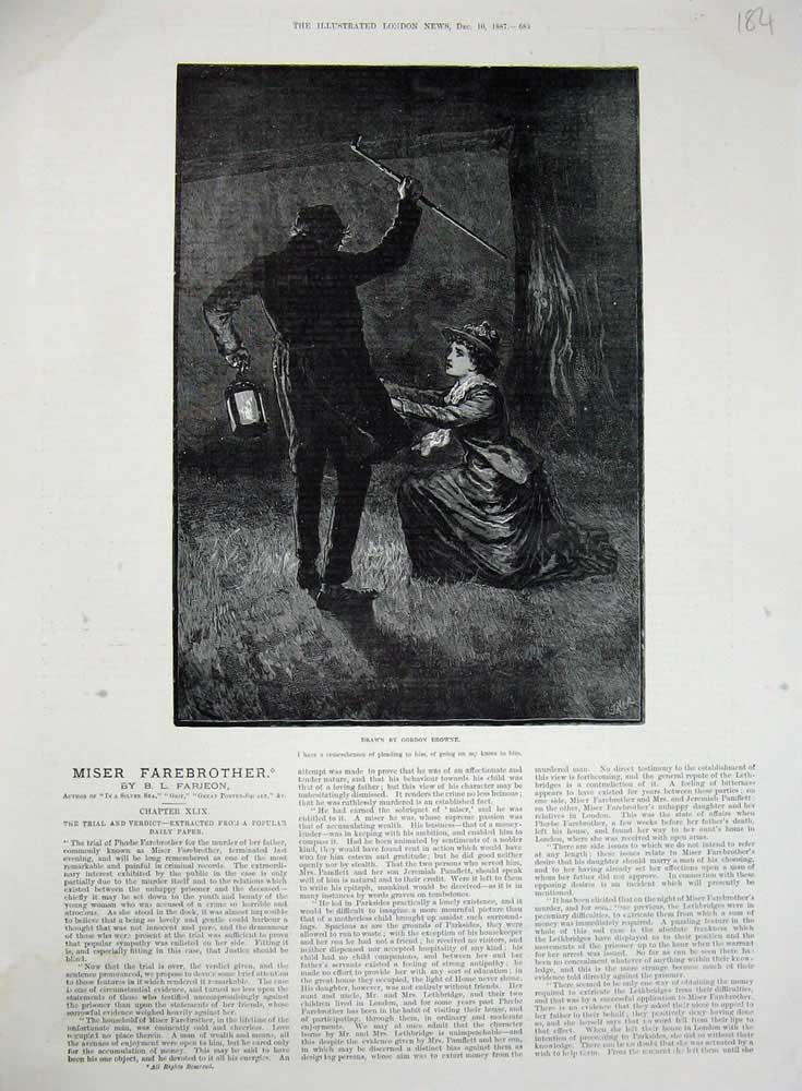 Original Old Antique Print 1887 Fine Art Gordon Browne Woman Begging Man Lamp
