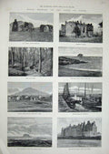 Original Old Antique Print Berwick 1888 Abbey Dirleton Castle Bass Rock Harbour