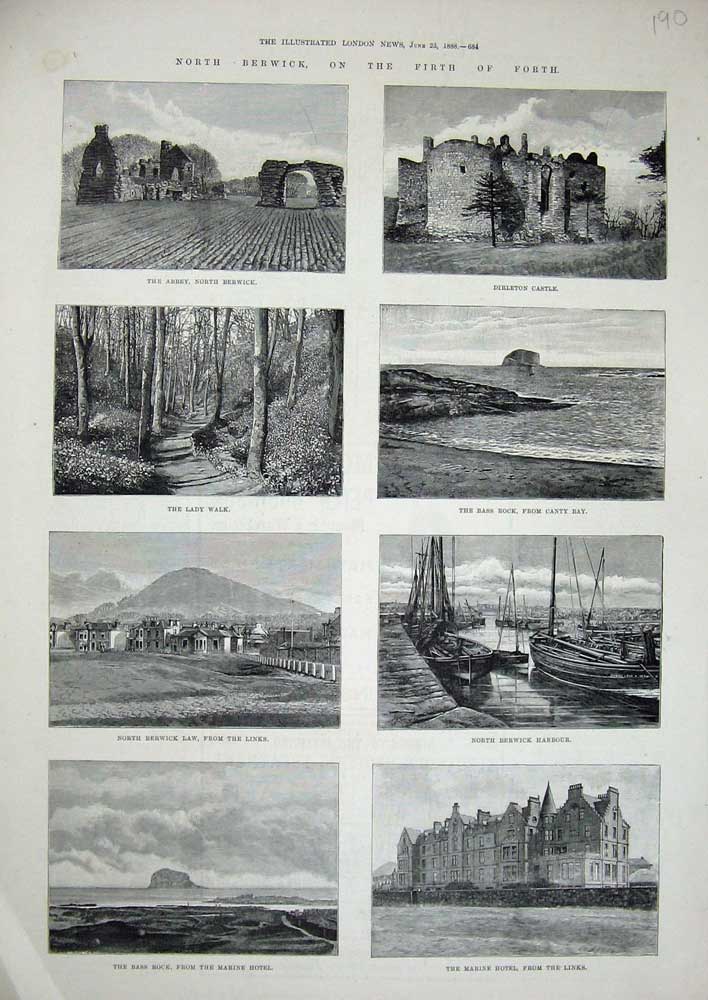 Original Old Antique Print Berwick 1888 Abbey Dirleton Castle Bass Rock Harbour