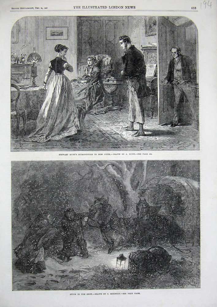 Old Antique Print Snow Storm Horses Carriage 1867 Stewart Hunt Miss Jones 19th
