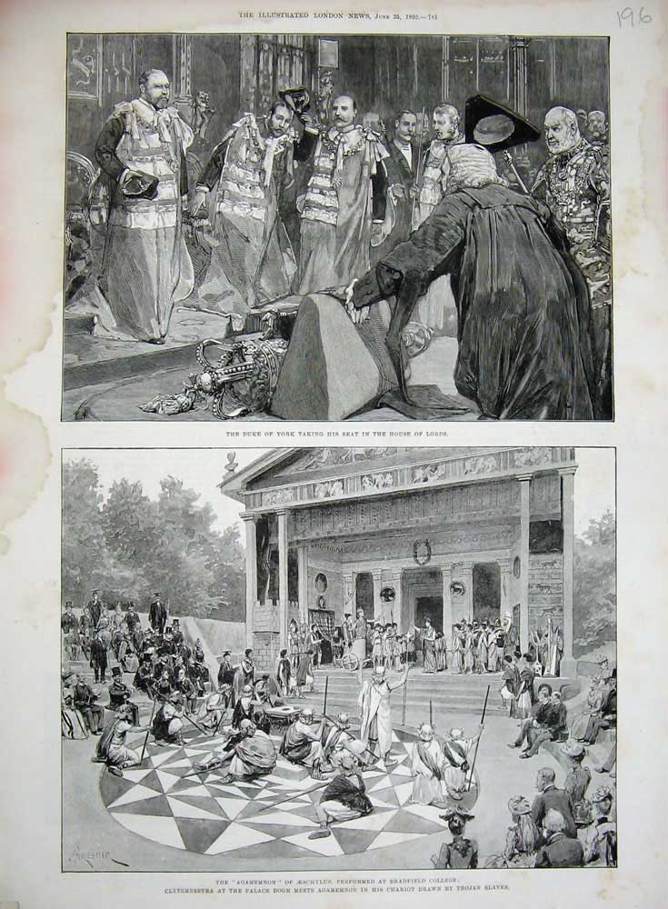 Old Antique Print 1892 Duke York House Lords Agamemnon Bradfield Palace 19th
