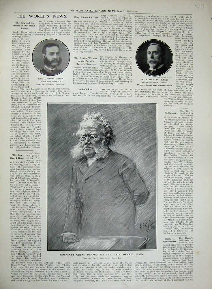 Old Antique Print 1906 Norway Dramatist Henrik Ibsen King Alfonso Bunsen 20th