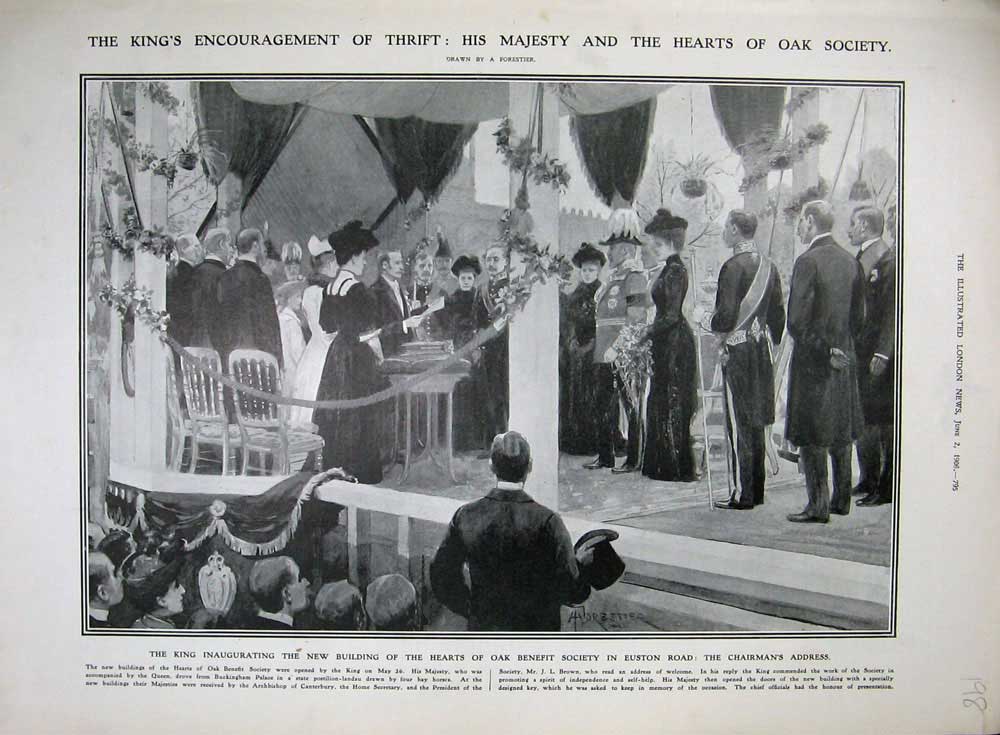 Original Old Antique Print King Building Hearts Oak Society Euston Road 1906