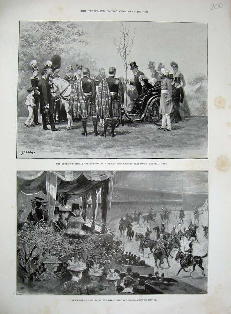 Original Old Antique Print 1899 Queen Birthday Windsor Memorial Tree Tournament