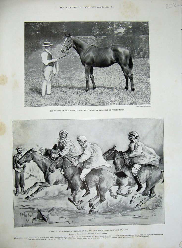 Old Antique Print 1899 Derby Horse Racing Flying Fox Gymkhana Malta Navy 19th