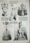Old Antique Print 1852 Nymph Statue China Vase Bronze Centre-Piece Silver 19th