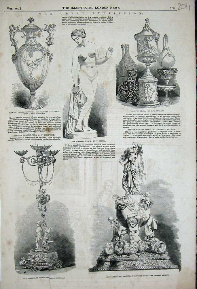 Old Antique Print 1852 Nymph Statue China Vase Bronze Centre-Piece Silver 19th