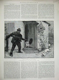 Original Old Antique Print Fisher 1891 Chimney Sweep Man Chasing Dogs House