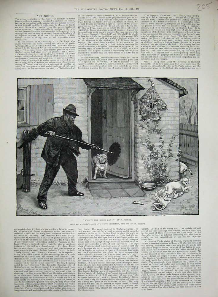 Original Old Antique Print Fisher 1891 Chimney Sweep Man Chasing Dogs House